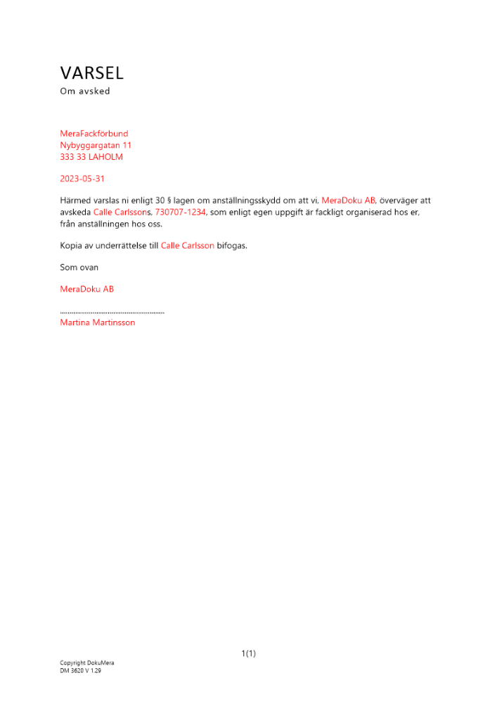 Varsel till facklig organisation om övervägande att avskeda anställd 2023
