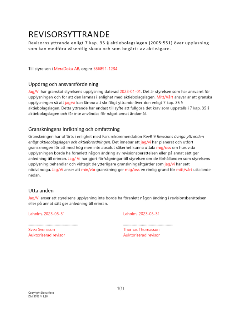 Revisorsyttrande enl 7 kap 35 § ABL (Gällande begärd upplysning) 2023