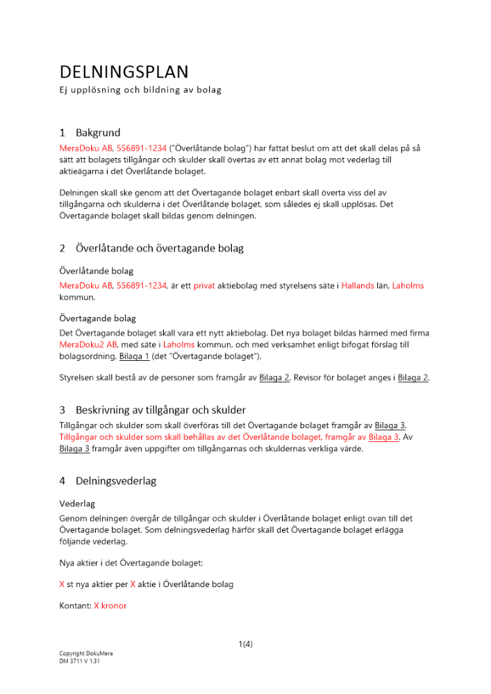 Delningsplan - ej upplösning och bildning av bolag 2023
