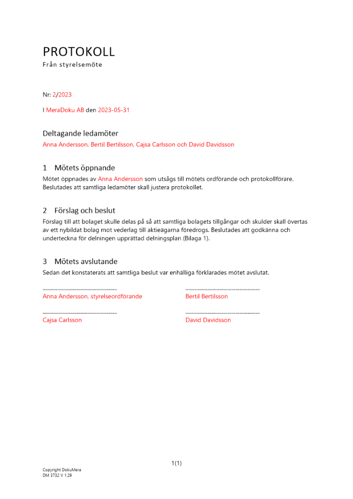 Styrelsemöte (Överlåtande bolag) 2023