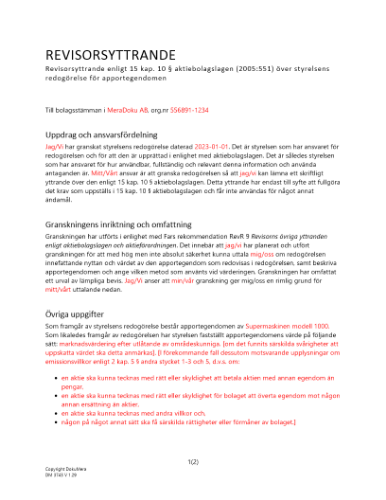 Revisorsyttrande enl 15 kap 10 § ABL (Apportemission) 2023
