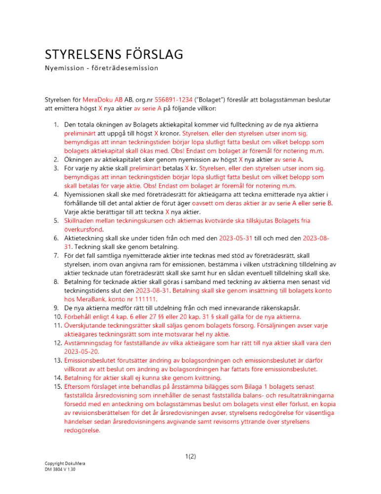Styrelsens förslag - Kontant företrädesemission - Publikt avstämningsbolag 2023