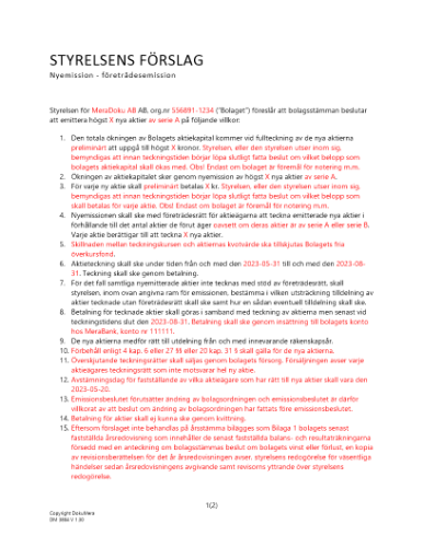 Styrelsens förslag - Kontant företrädesemission - Publikt avstämningsbolag 2023