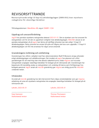 Revisorsyttrande enl 13 kap 6 § ABL (Nyemission) 2023