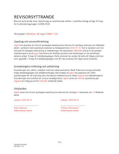 Revisorsyttrande enl 13 kap 42 § ABL (Emission i pengar) 2023