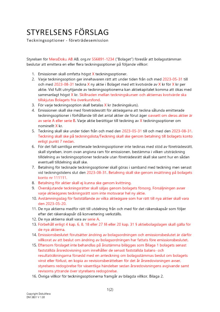 Styrelsens förslag - Teckningsoptioner (företräde) - Publikt avstämningsbolag 2023