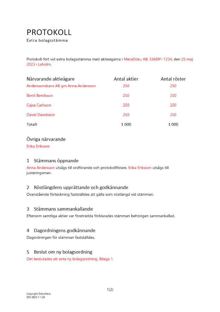 Protokoll från extra bolagsstämma - Em av teckningsoptioner 2023
