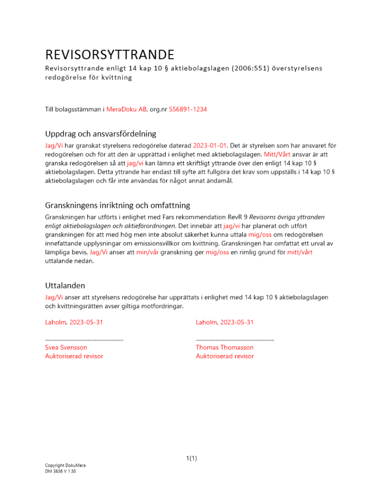 Revisorsyttrande enl 14 kap 10 § ABL (Kvittningsemission) 2023