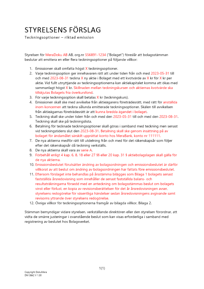 Styrelsens förslag - Riktad kontantemission - Teckningsoptioner - Privat avstämningsbolag 2023
