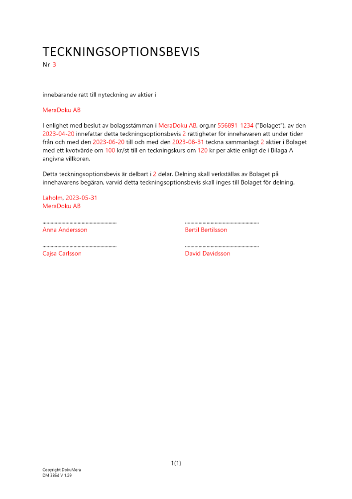 Teckningsoptionsbevis 2023