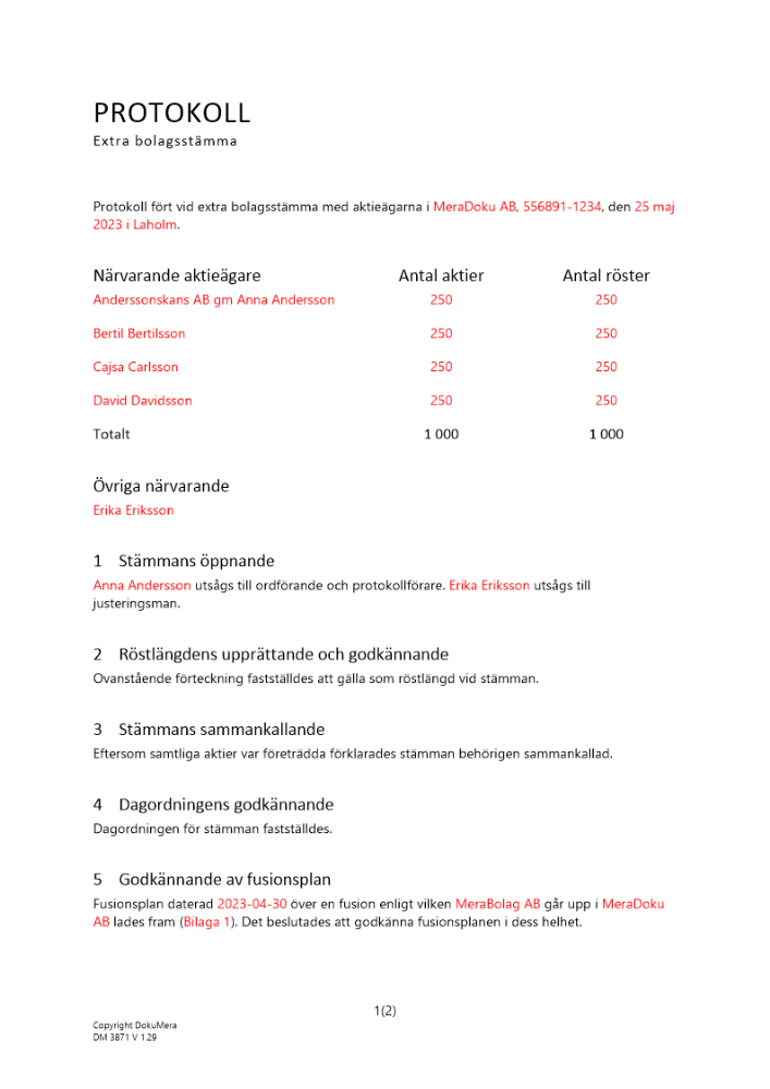 Protokoll från extra bolagsstämma - kombination 2023