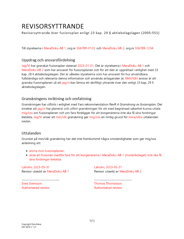 Revisorsyttrande enl 23 kap 29 § ABL (Fusionsplan) 2023
