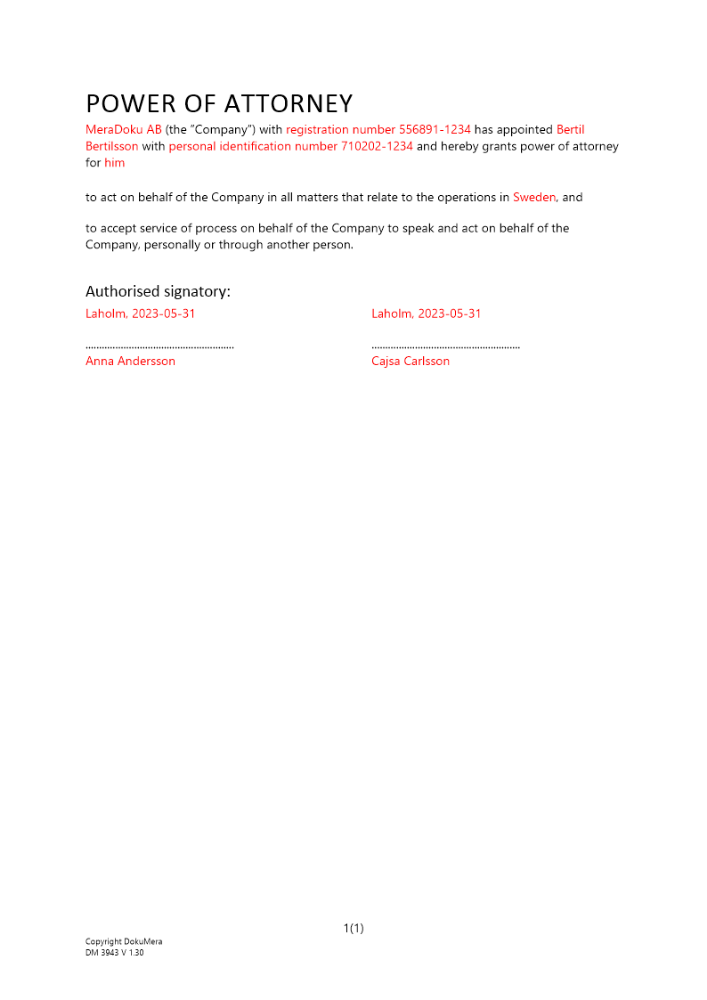 Fullmakt till VD (Filial) Engelsk 2023
