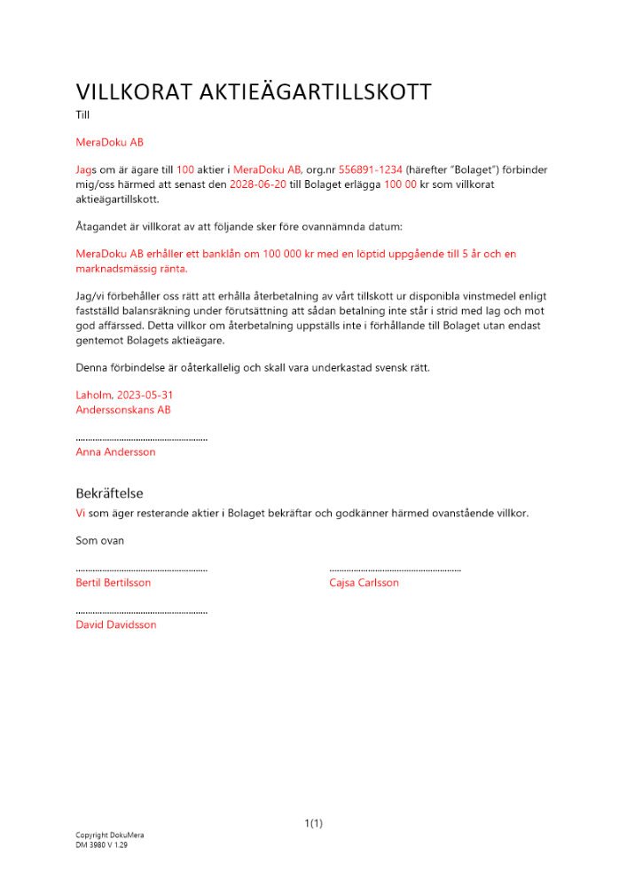 Aktieägartillskott - med villkor för betalning (Villkorat) 2023
