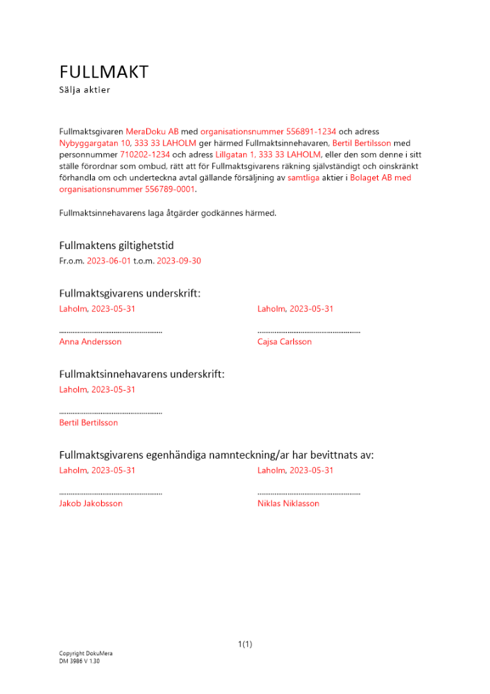 Fullmakt att sälja aktier 2023