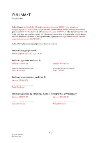 Fullmakt att sälja aktier 2023