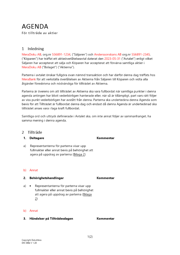 Agenda för tillträde av aktier 2023