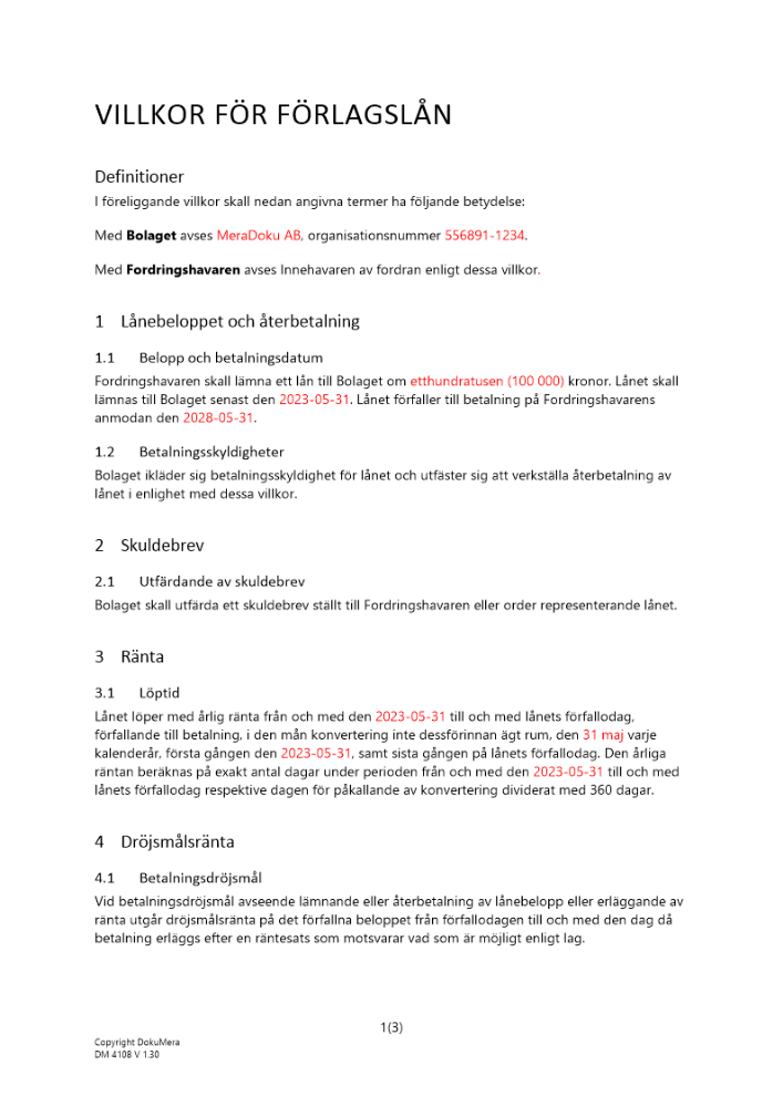 Villkor för förlagslån (Löpande) 2023
