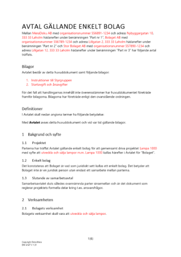 Avtal gällande enkelt bolag (projektsamarbete) 2023