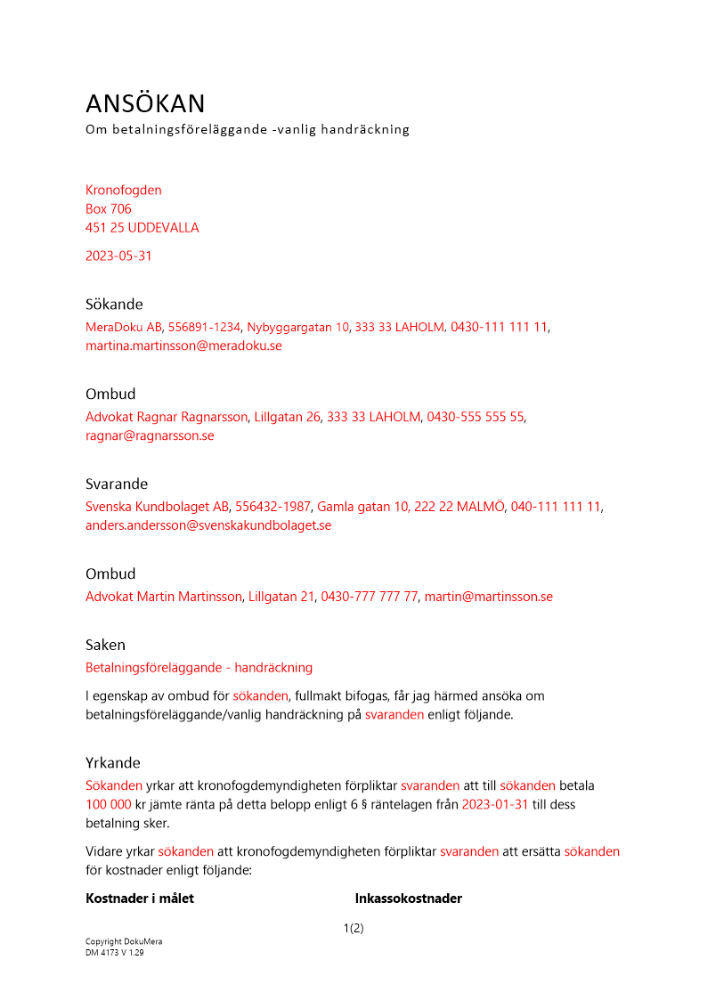 Ansökan om betalningsföreläggande - vanlig handräckning 2023
