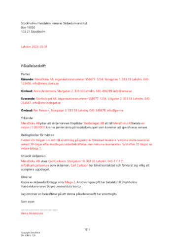 Påkallelseskrift - Stockholms handelskammares skiljedomsinstitut 2023