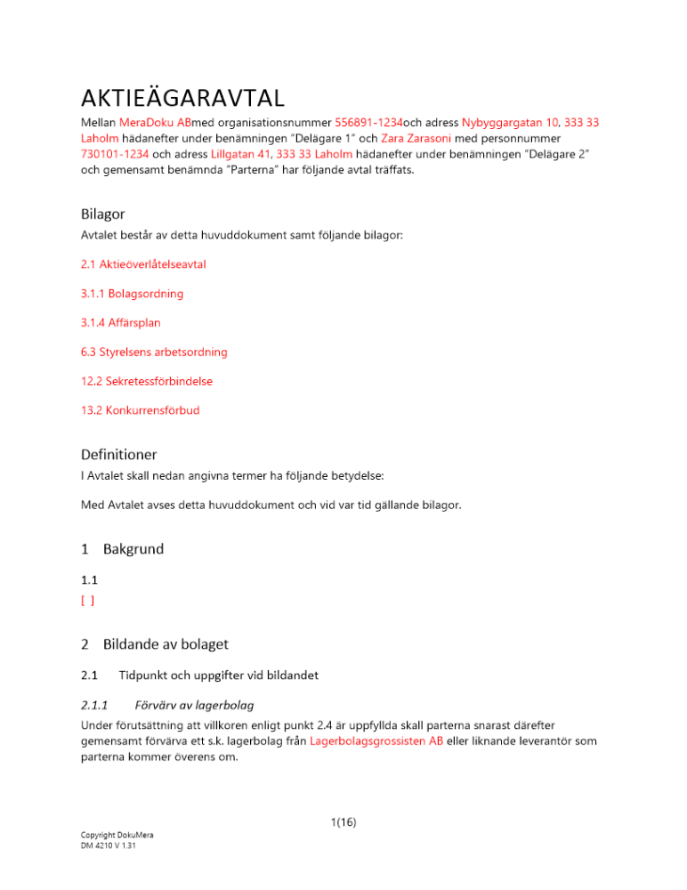 Aktieägaravtal (50-50 - Nybildat bolag) 2023