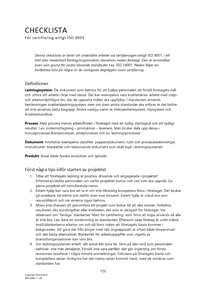 Checklista certifiering ISO 9001 2023