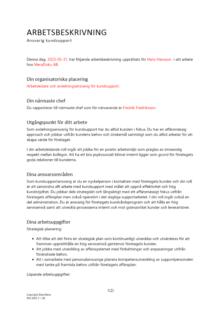 Arbetsbeskrivning ansvarig kundsupport 2023