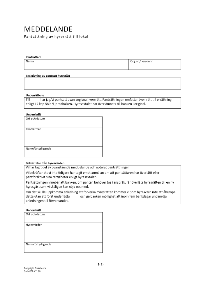 Meddelande om pantsättning av hyresrätt (lokal) 2023
