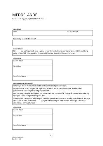 Meddelande om pantsättning av hyresrätt (lokal) 2023