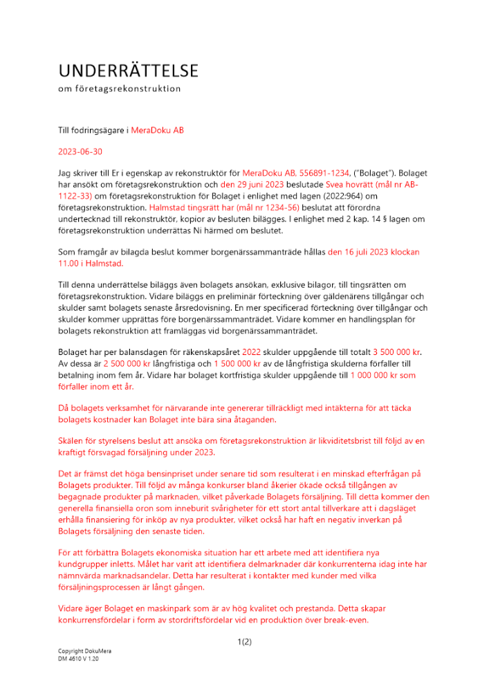 Underrättelse om företagsrekonstruktion 2023