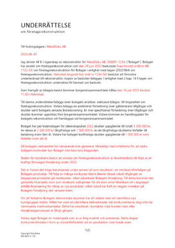 Underrättelse om företagsrekonstruktion 2023