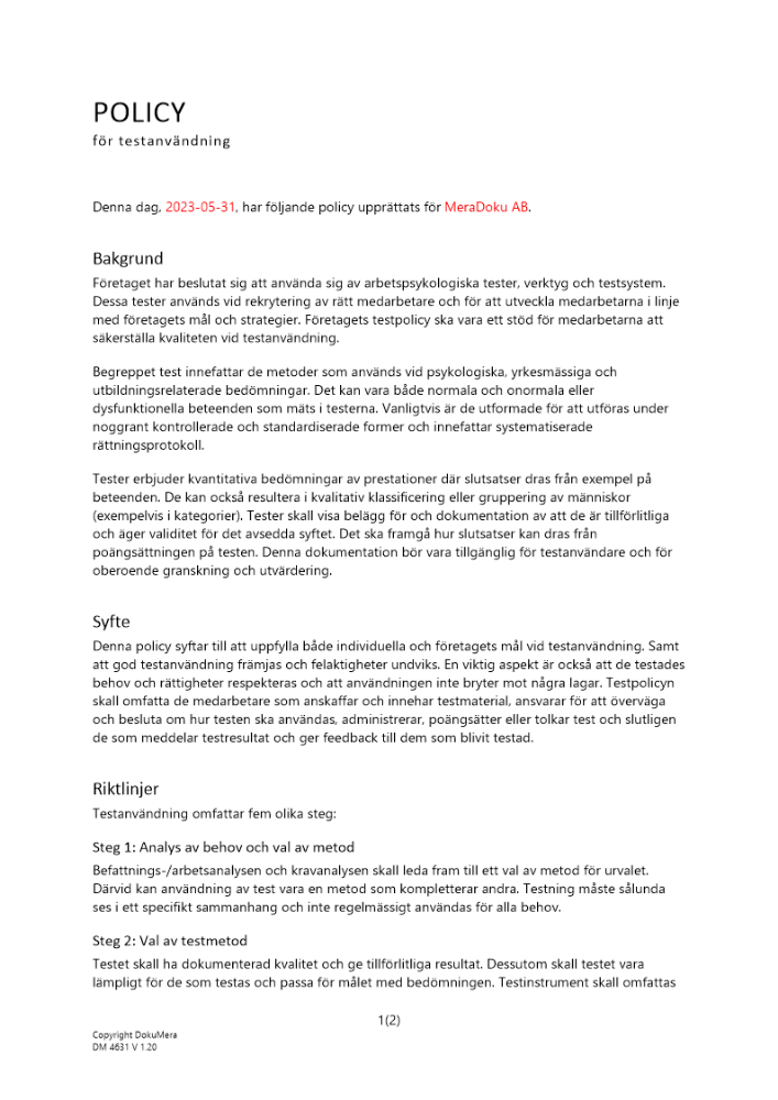 Policy för testanvändning 2023