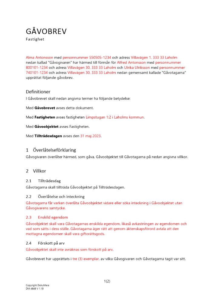 Gåvobrev fastighet en givare två mottagare 2023