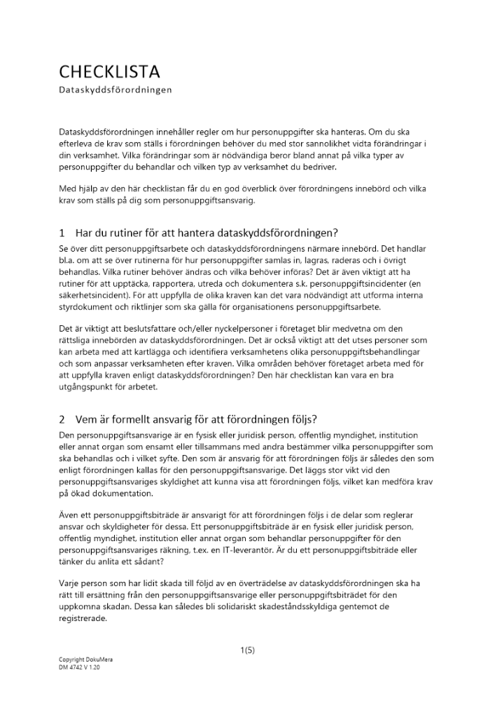 Checklista dataskyddsförordningen 2023