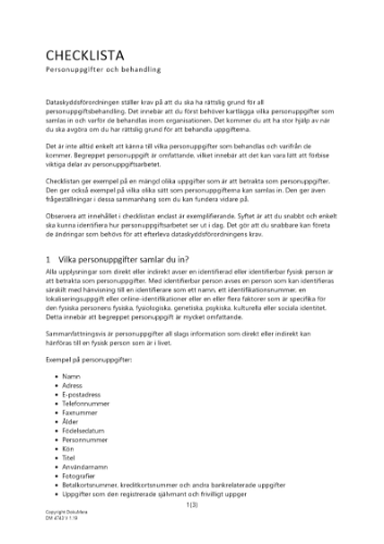 Checklista personuppgifter och behandling 2023