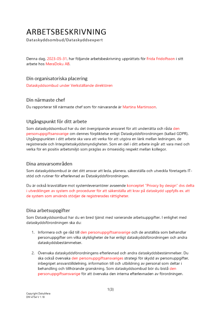Arbetsbeskrivning Dataskyddsombud 2023