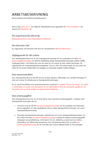Arbetsbeskrivning Dataskyddsombud 2023