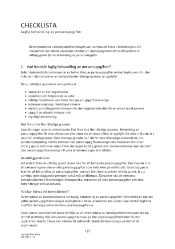 Checklista Laglig behandling av personuppgifter 2023