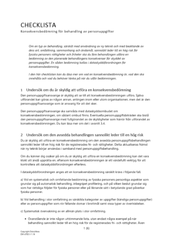 Checklista konsekvensbedömning behandling av personuppgifter 2023
