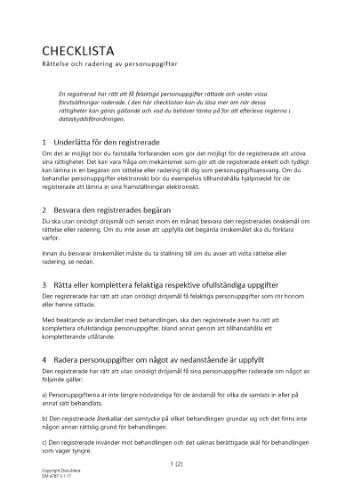 Checklista Rättelse och radering av personuppgifter 2023