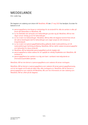 Meddelande om radering - beviljad 2023