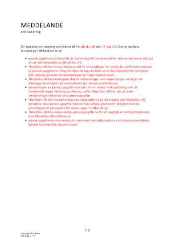 Meddelande om radering - ej beviljad 2023