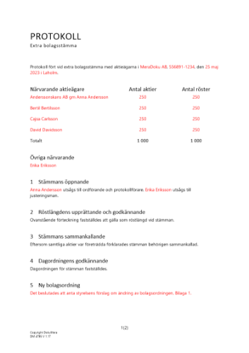 Protokoll extra bolagsstämma sammanläggning av aktier (omvänd split) 2023