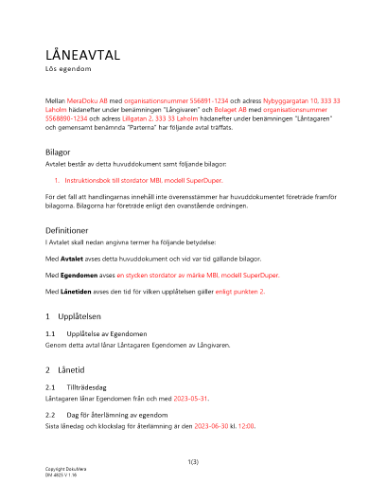 Avtal lån av lös egendom 2023
