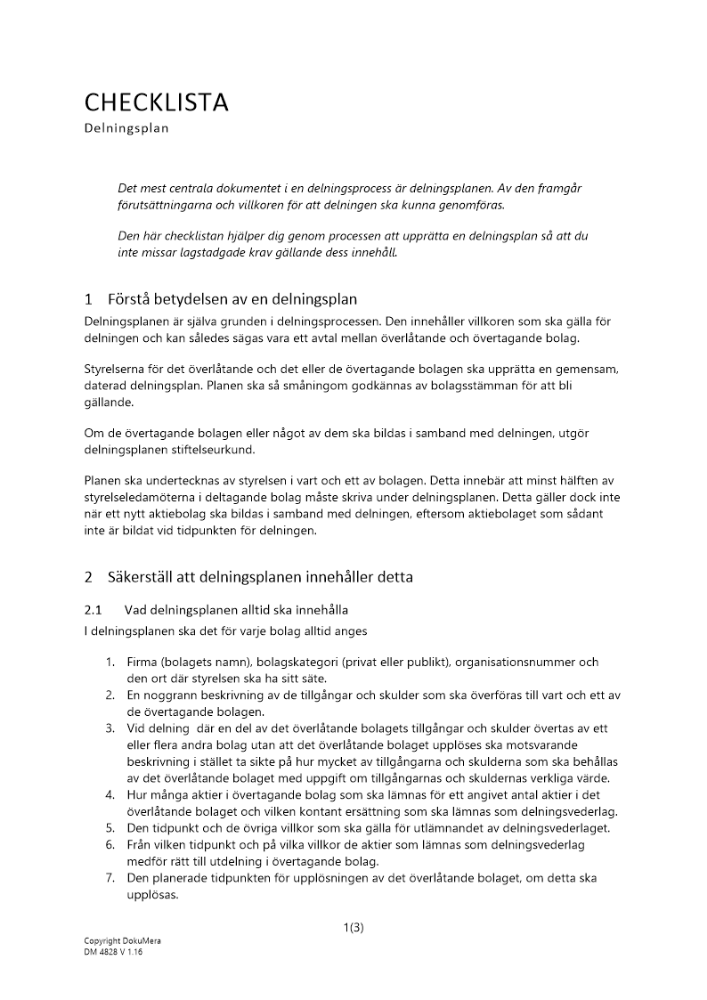 Checklista delningsplan aktiebolag 2023