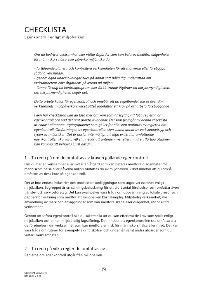 Checklista egenkontroll enligt miljöbalken 2023