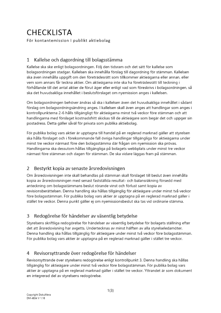 Checklista kontantemission - Publikt AB 2023