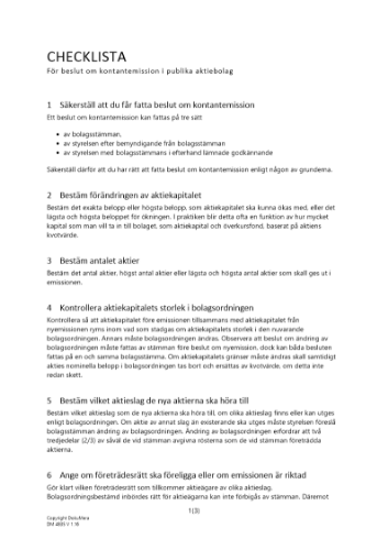 Checklista beslut om kontantemission - Publikt AB 2023