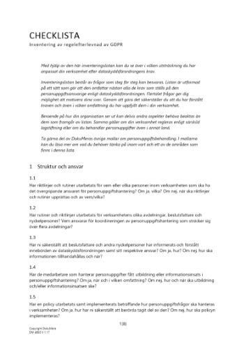 Checklista för inventering av av regelefterlevnad av GDPR 2023